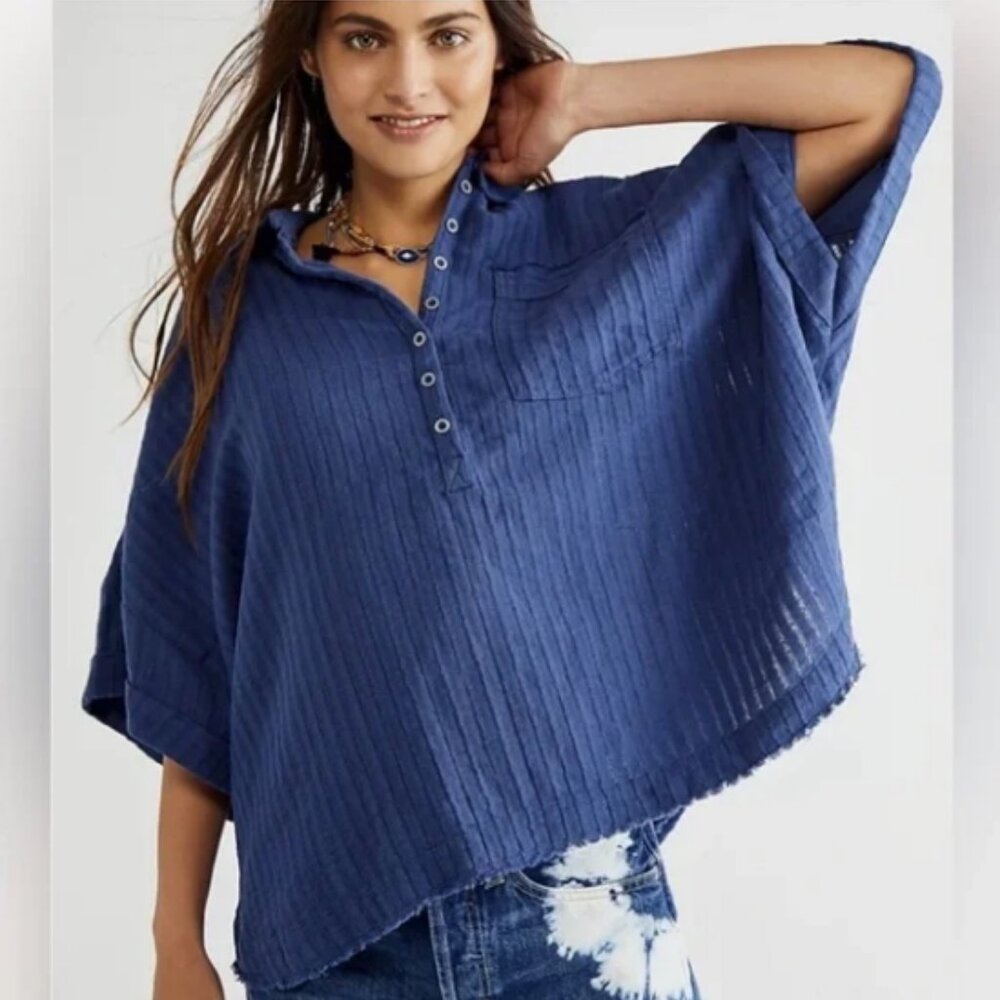 We The Free Ava Oversized Button Front Collared Top in Shaded Lake Shirt Small